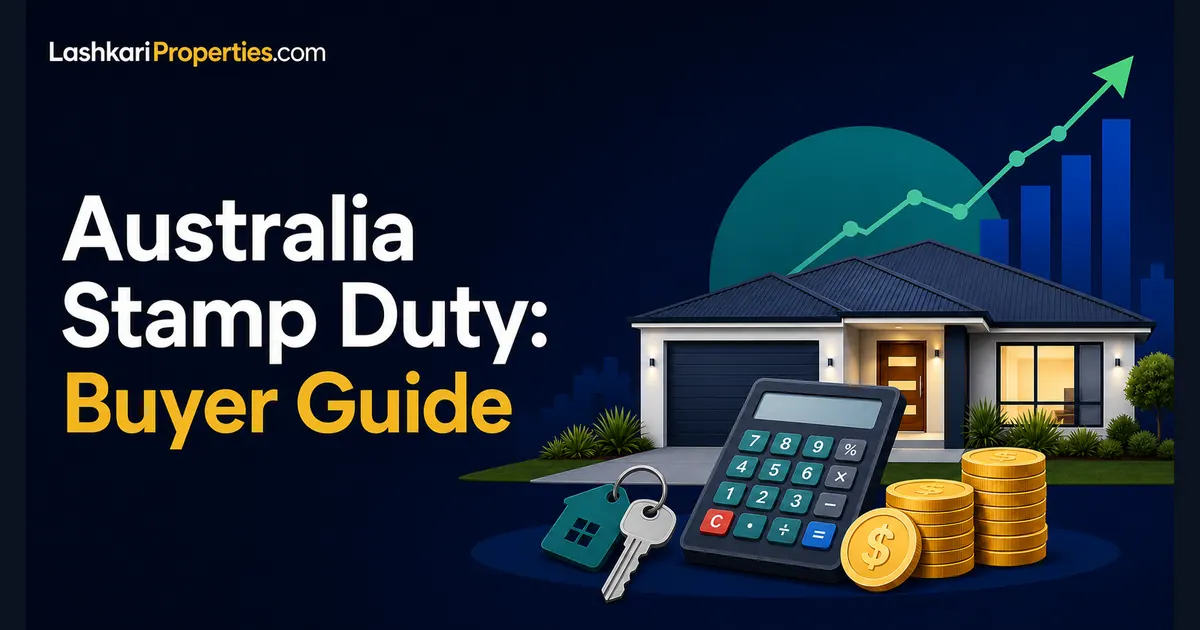 Illustration introducing the Australian stamp duty guide, showing transfer duty amounts side by side across the major states for the same purchase price to make the size of the state-to-state gap visible.