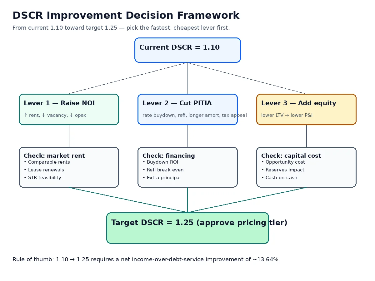 Ten step decision flowchart from verifying the lender DSCR method to confirming eligibility