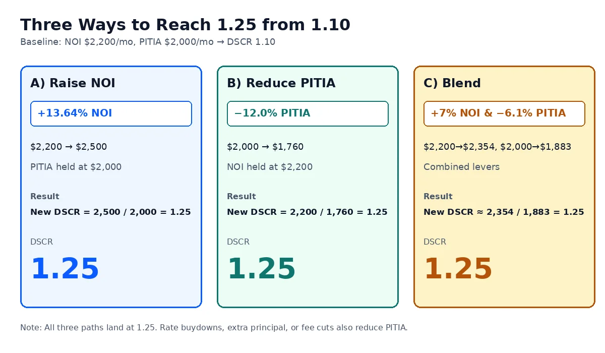 Bar chart comparing DSCR uplift from rent, rate buydown, extra equity, tax appeal, insurance reshop, and combination