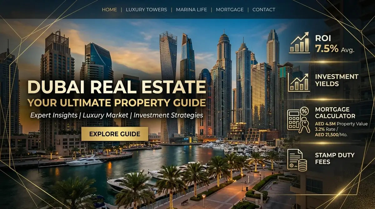 Buying Property in the UAE guide cover displaying luxury Dubai skyline and real estate investment metrics