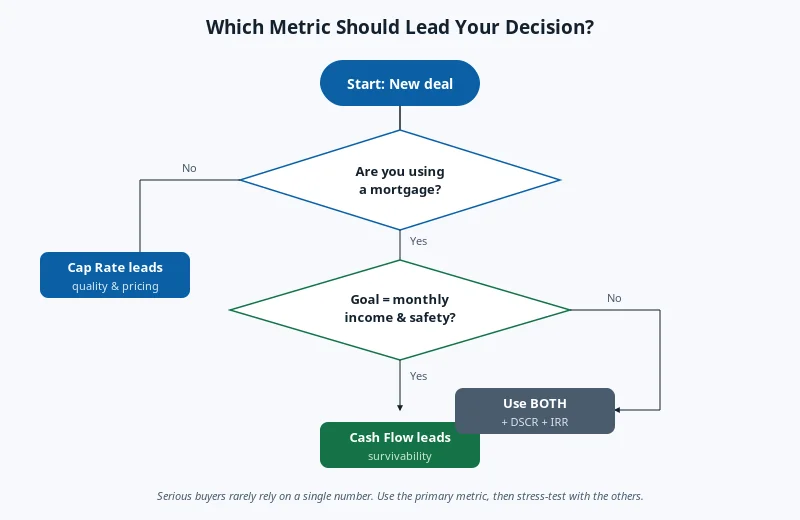 Decision flowchart routing a deal to cap rate, cash flow, or both metrics based on financing and goal.