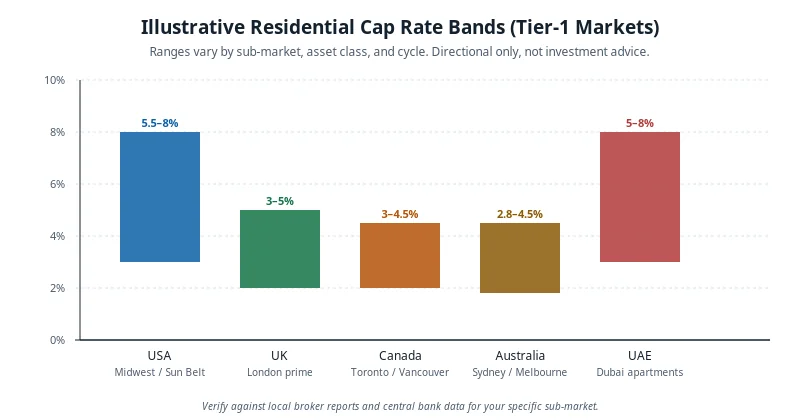Bar chart of illustrative residential cap rate ranges across USA, UK, Canada, Australia, and UAE.