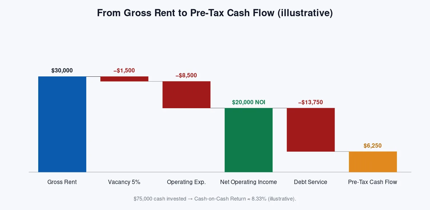 Waterfall chart showing $30,000 gross rent reduced by $1,500 vacancy and $8,500 operating expenses to reach $20,000 NOI, then reduced by $13,750 debt service to arrive at $6,250 pre-tax cash flow.
