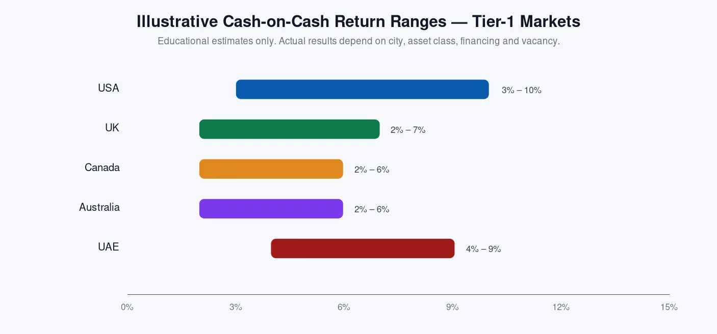 Illustrative cash-on-cash return ranges by country: USA 3–10%, UK 2–7%, Canada 2–6%, Australia 2–6%, UAE 4–9%.